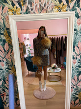 Load image into Gallery viewer, Camel Flowers and Feathers Mini Skirt Jacket Set