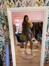 Load image into Gallery viewer, Camel Flowers and Feathers Mini Skirt Jacket Set