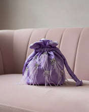 Load image into Gallery viewer, Candy Bag Lilac Satin with Lilac Feather Tufts and Crystals
