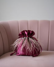 Load image into Gallery viewer, Plum Satin Candy Bag with Antique Pink Feathers
