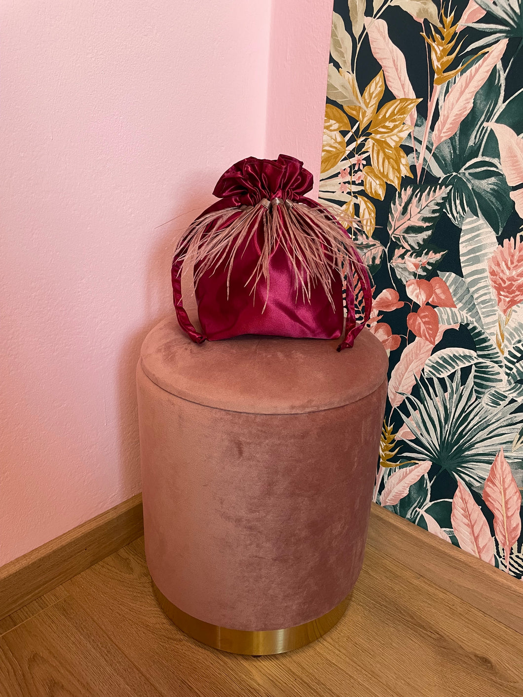Candy Bag Raso Prugna e Piume Rosa Antico