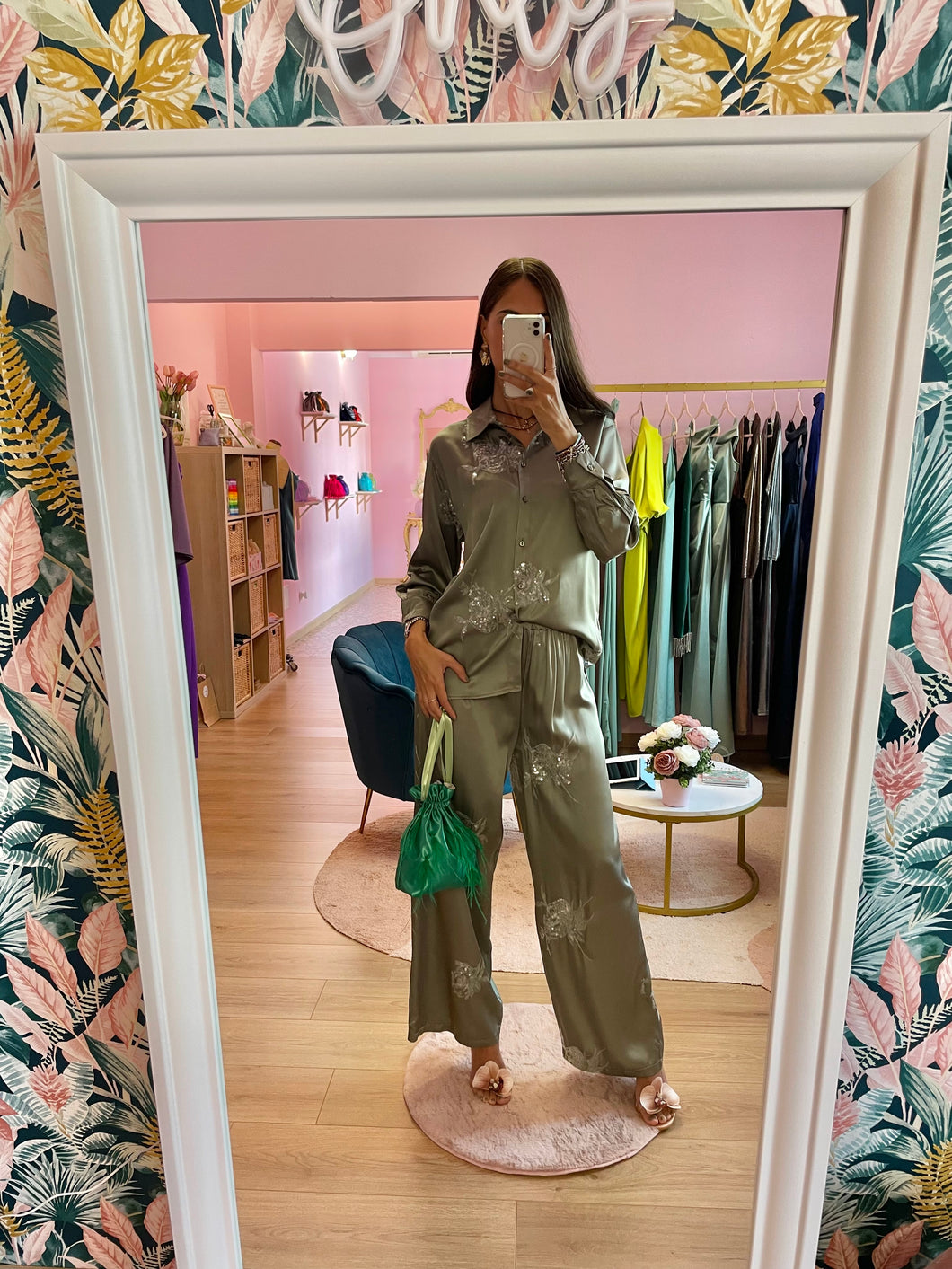 Set Camicia Pantalone Satin Paillettes Salvia