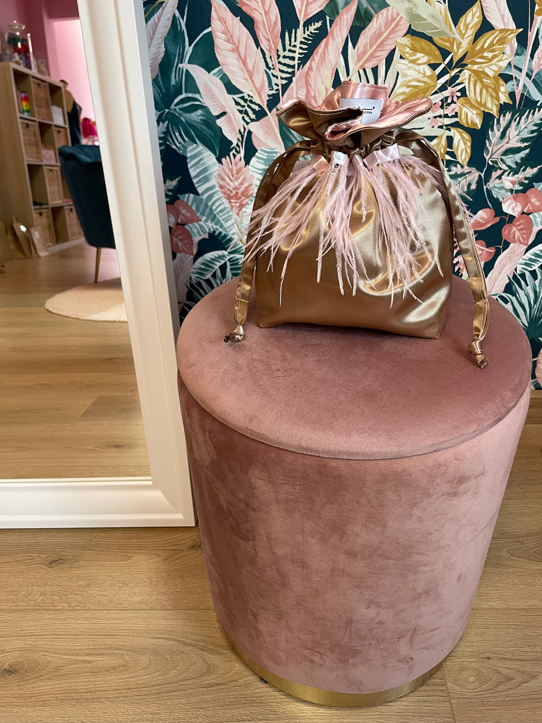 Candy Bag Raso Champagne e Piume Rosa