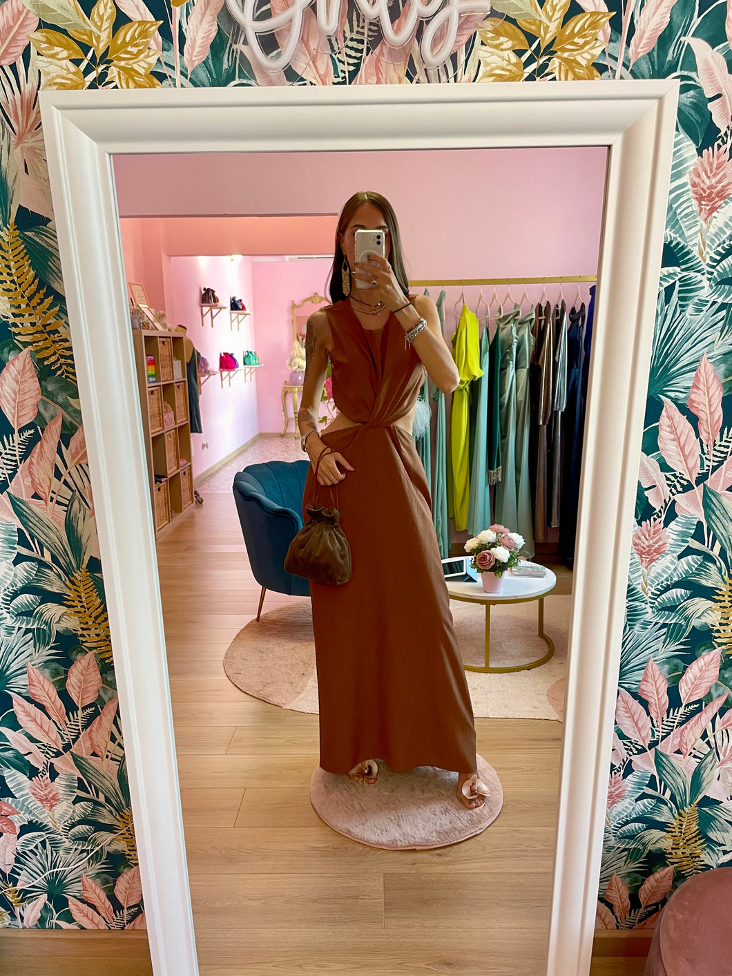 Abito Lino Marrone Cut Out