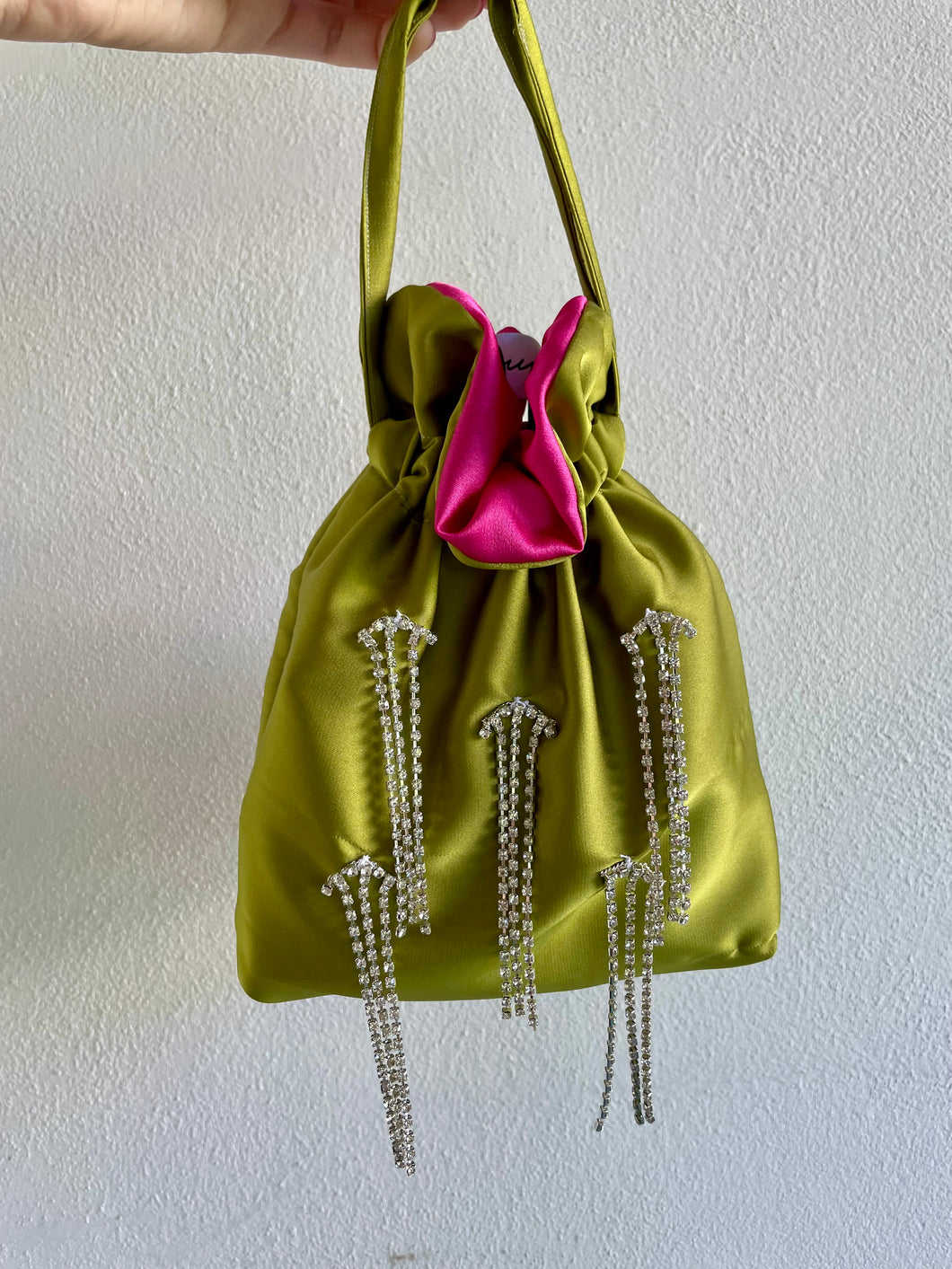 Bonbon Bag Raso Verde Acido e Fucsia Strass